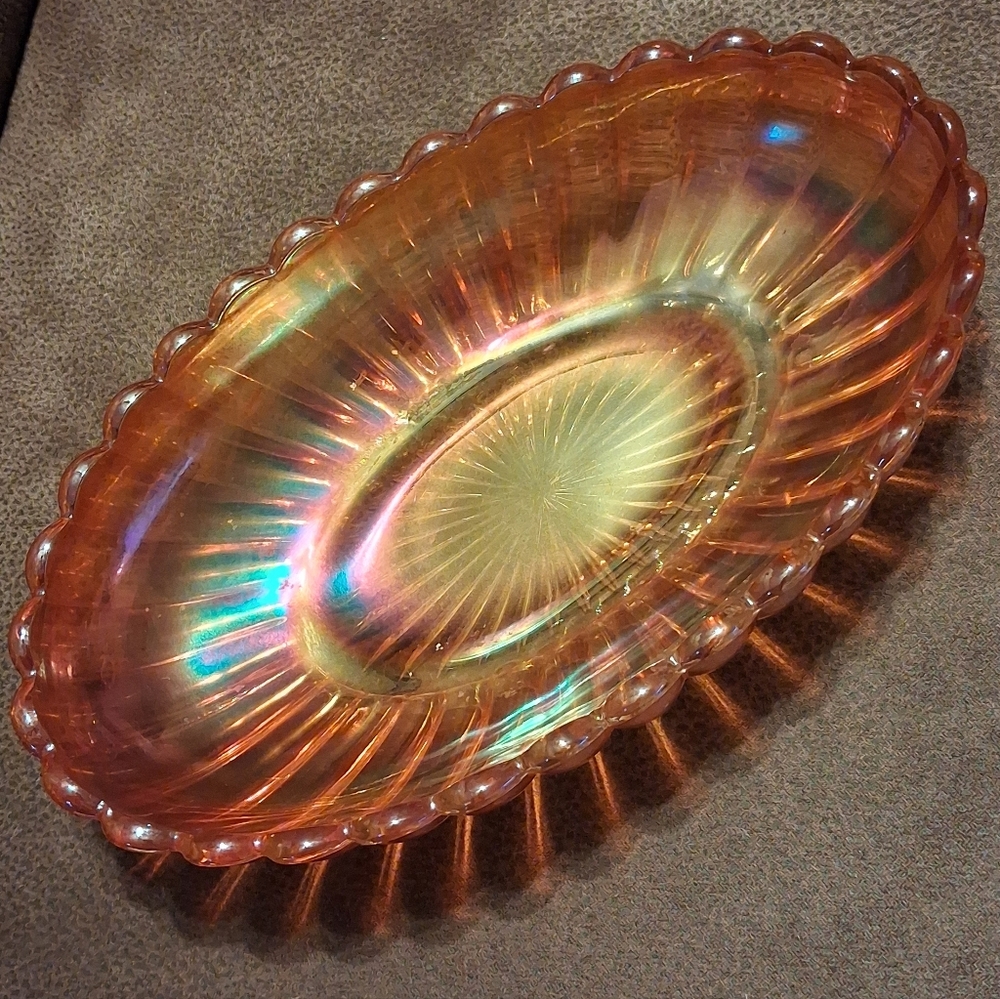 Imperial Glass Co. Rubigold Iridescent Oval Glass Celery Dish